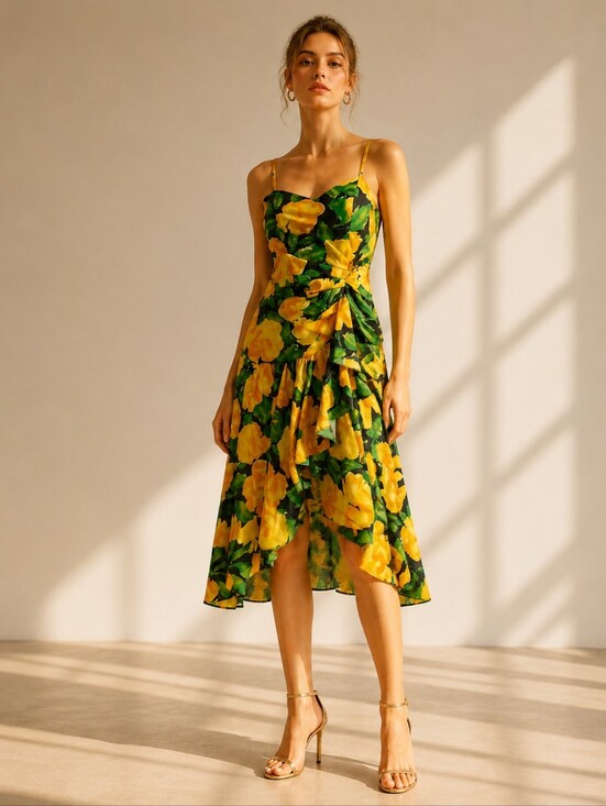 Nikki Ferrari Dresses & Skirts - Vintage 90s Yellow Floral Dress Set Size 8 Taffeta Ruffle Bolero Resort Vacation